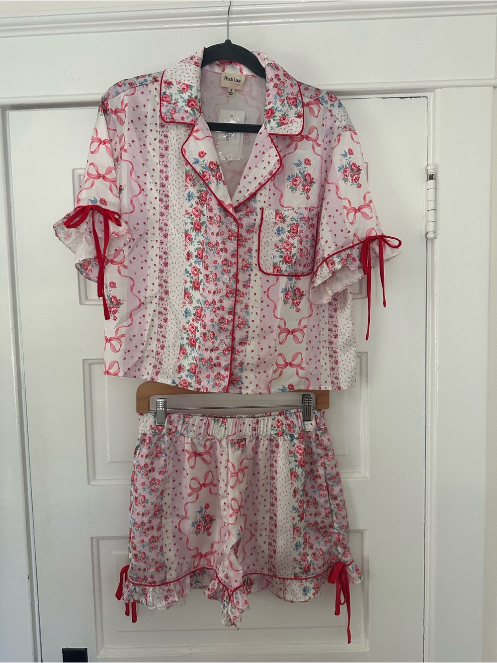 Peach Love California Pink Floral Satin Short Pajama Set with Red Trim